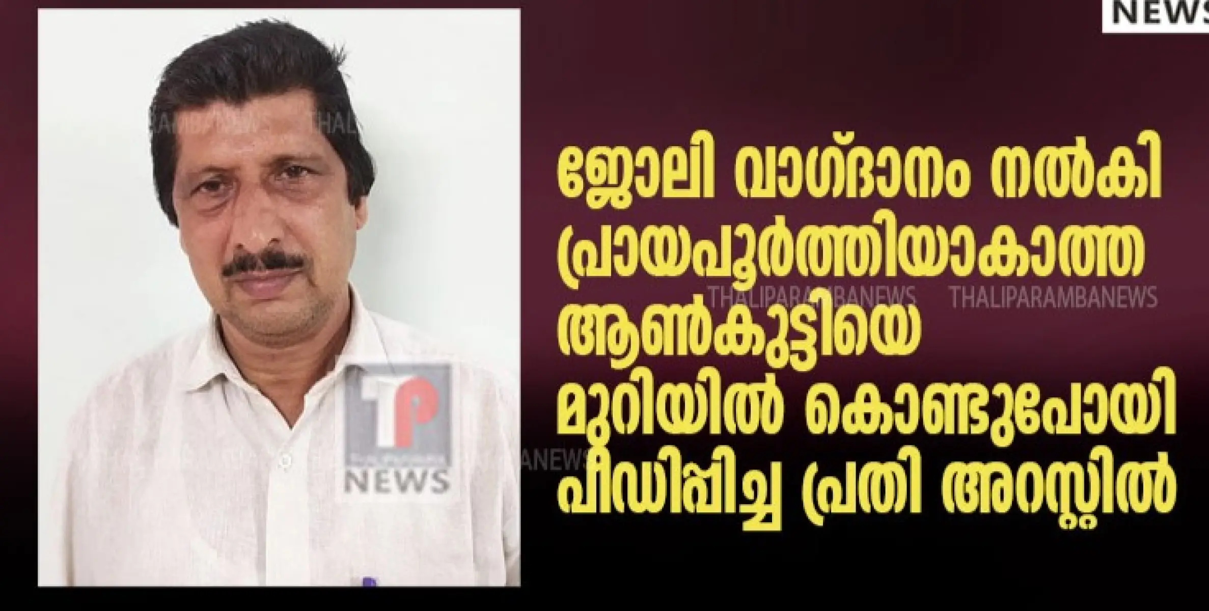 ജോലി വാഗ്ദാനം നൽകി പ്രായപൂർത്തിയാകാത്ത ആൺകുട്ടിയെ മുറിയിൽ കൊണ്ടുപോയി പീഡിപ്പിച്ച പ്രതി അറസ്റ്റിൽ